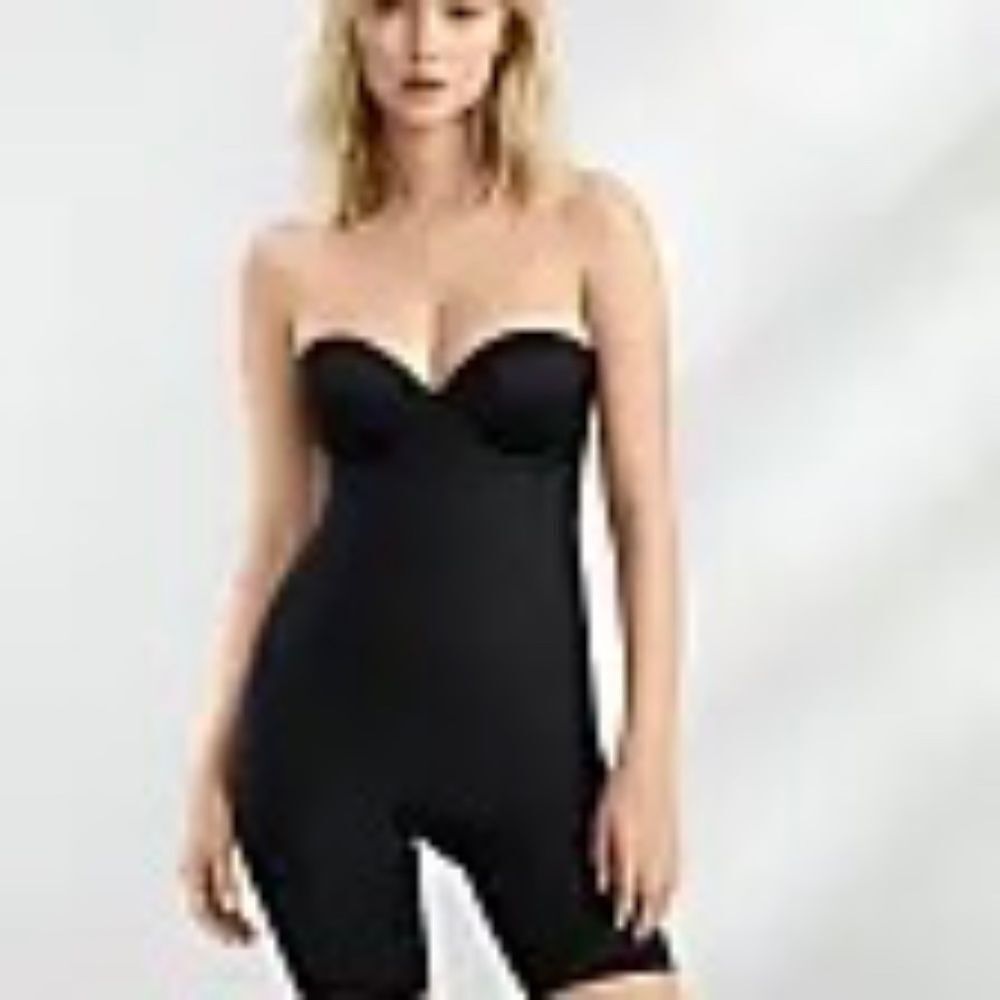Assets By Spanx Cupped Mid Thigh Black Bodysuit Sz 1X